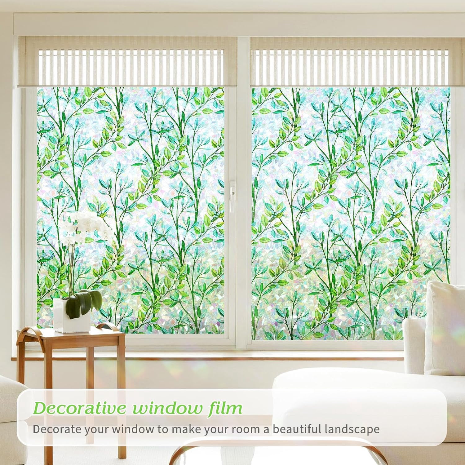 FILMGOO Rainbow Green Leaf Window Privacy Film, Static Cling Non-Adhesive Decorative Window Film, Heat Control Anti UV Window Tint for Home, 29.5in x 6.5ft