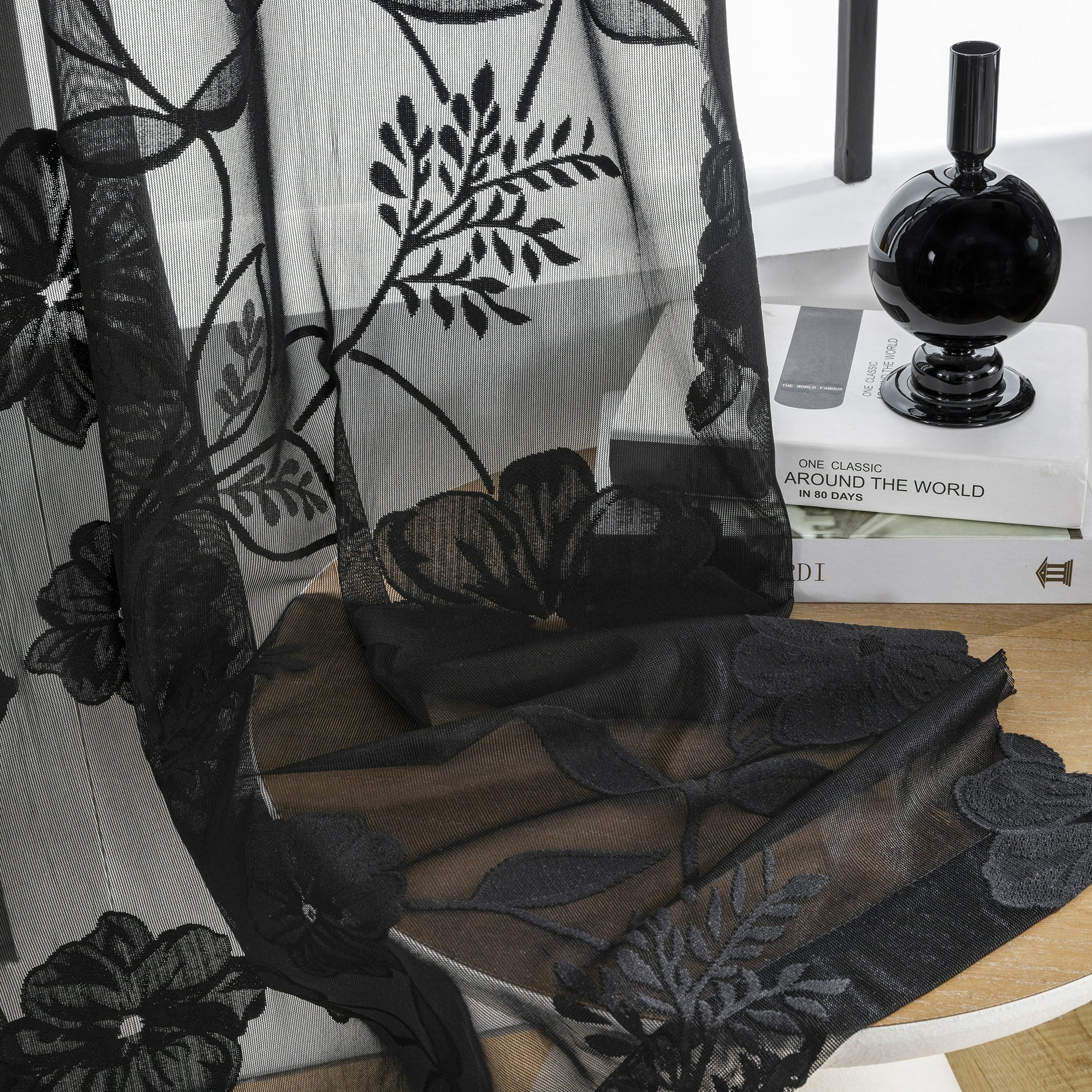 Exultantex Black Lace Sheer Curtains for Bedroom Living Room 63 inch Elegant French Rose Floral Embroidered 54"w Rod Pocket