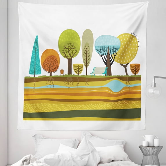 Urban Tapestry, Illustration of Flat Park Elements in the City as Trees Roots Bench Soil and Water, Fabric Wall Hanging Decor for Bedroom Living Room Dorm, 5 Sizes, Multicolor, by Ambesonne