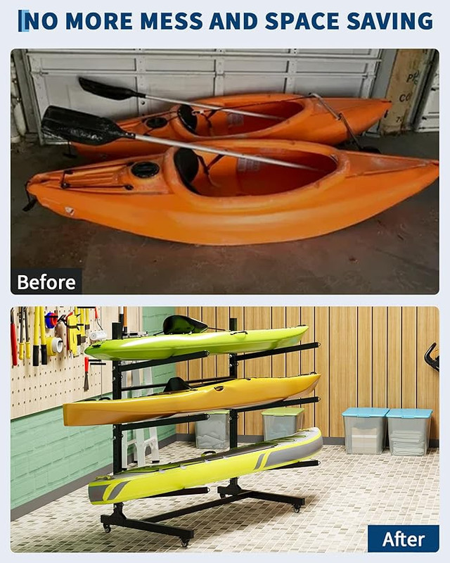 Kayak Storage Rack for 2-6 Kayaks Freestanding Kayak Rack for Outdoor Storage with Movable Wheels, Heavy-Duty Steel Kayak Hanger Holder with Hanging Straps