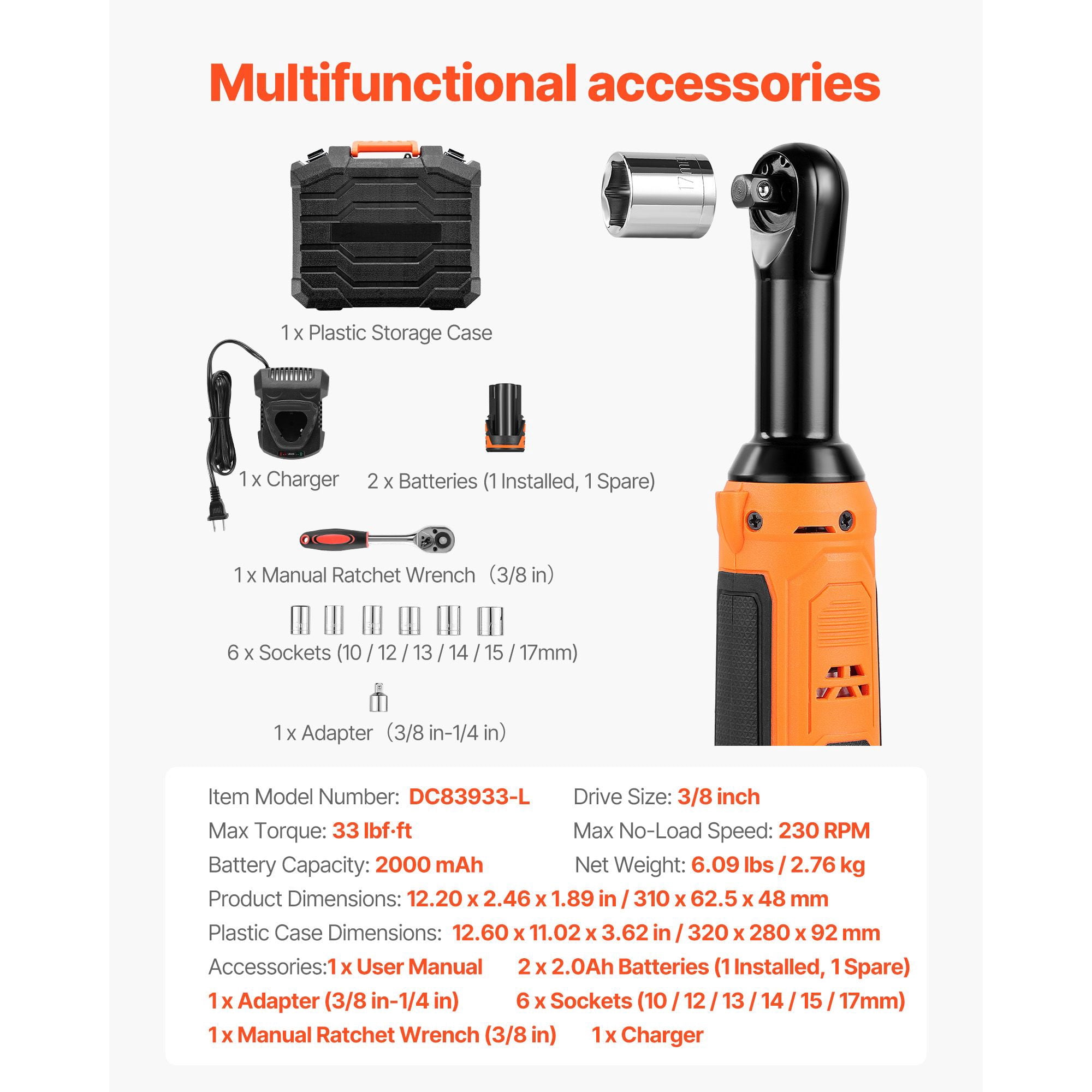 Cordless Ratchet Wrench 3/8" with 33 ft-lbs Torque, 230 RPM, Dual 2000mAh Batteries, LED Light, for Automotive Mechanical Work