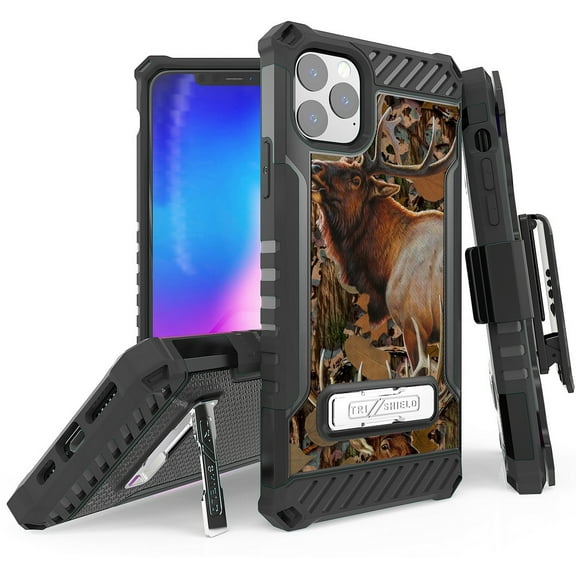 Tri-Shield [HUNTER SERIES] Rugged Case Metal Kickstand Cover   Belt Clip Holster [PREY DESIGN] for Apple iPhone 11 Pro (2019, 5.8" Model)