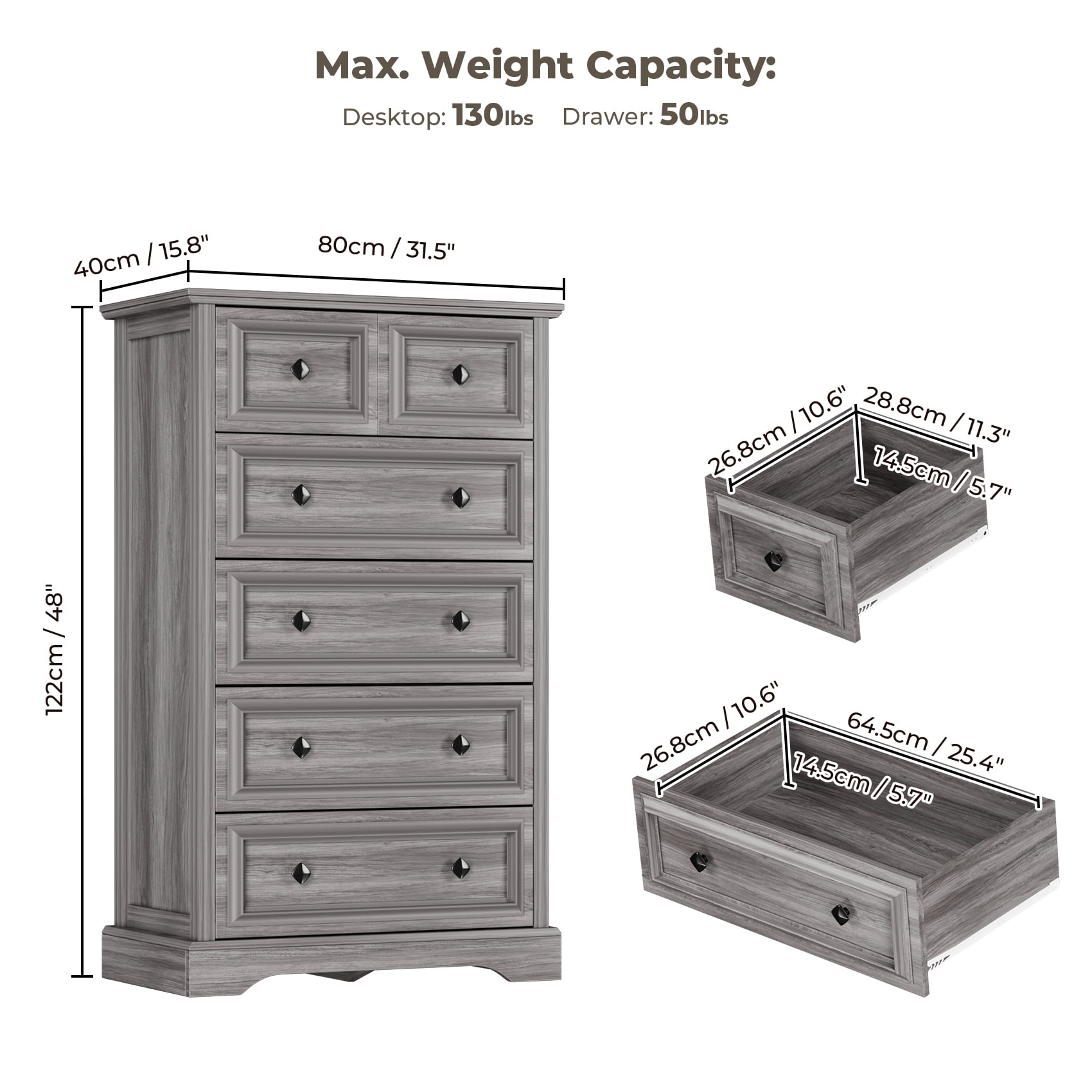 Winkalon 6 Drawer Tall Dresser, 48"H Chest of Drawers, Wooden Storage Cabinet for Bedroom, Gray