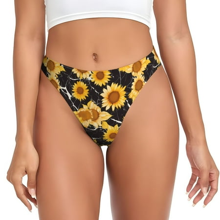 Qokaie Black Marble Pattern Sunflower Printed Women s Cotton Thong Underwear  Sexy Breathable Panties G-string-XX-Large