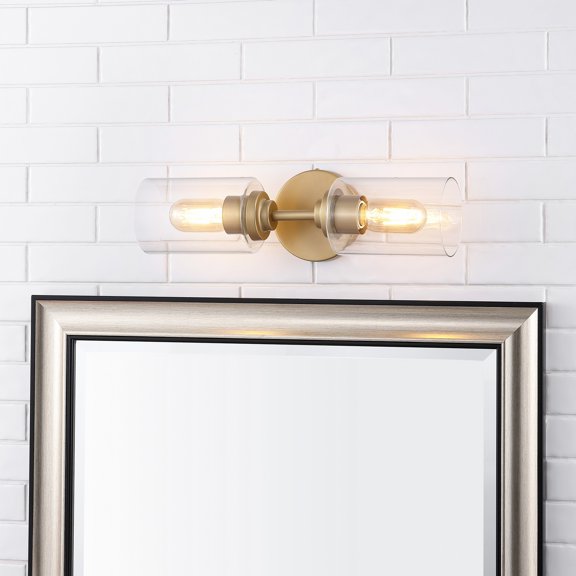 JONATHAN Y Giles 16" 2-Light Farmhouse Industrial Iron Cylinder LED Sconce, Brass Gold/Clear