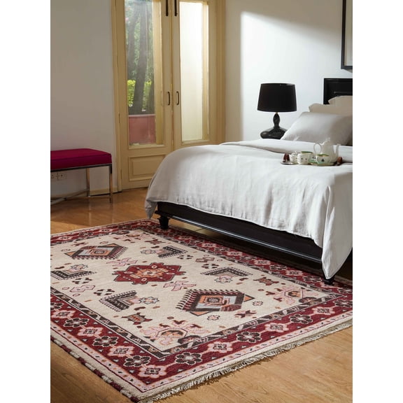 Rugsotic Carpets Hand Knotted Wool & Silk Eco-Friendly Oriental 5'x8' Area Rugs Rectangle Cream Red Classic Traditional Design High Pile Indoor Handmade Rug for Living Room, Bedroom AF0121