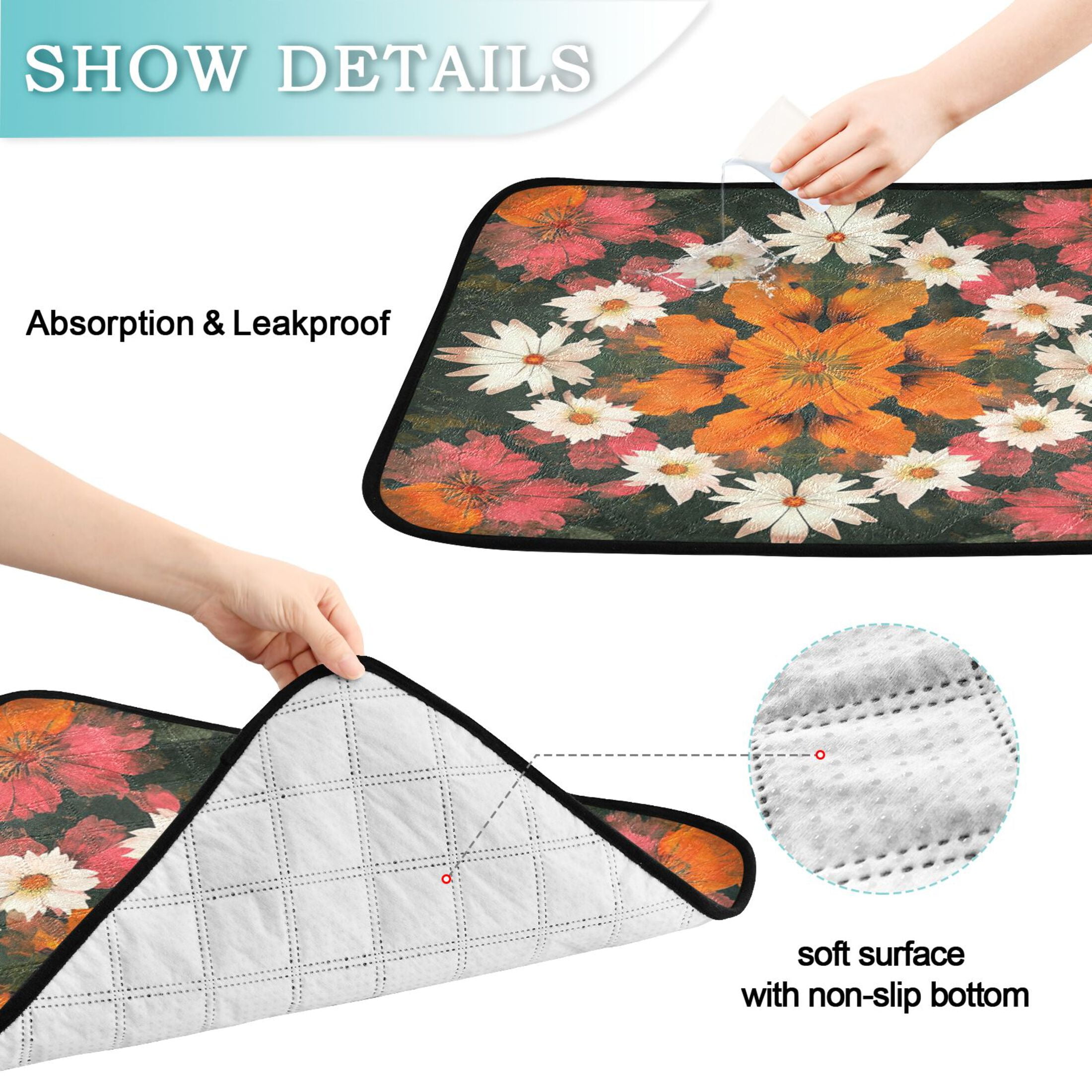 Qxltty Vintage Orange and White Flower Cat litter Pads Pet Set of 3 Diaper Mats Center Anti-leakage Layer Absorbent Soft and Comfortable