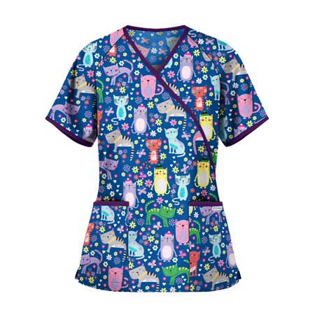 

Women Short Sleeve V-Neck Scrub Top Nurse Working Uniforms T-shirt