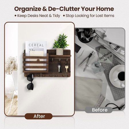 JUNCHI-Mail Holder for Wall Mail Organizer with Key Hooks Hallway Farmhouse Decor Letter Sorter Made of Natural Wood with Floating Shelf and Flush Mount Hardware (16.8Inch x 10Inch x 3.2Inch)
