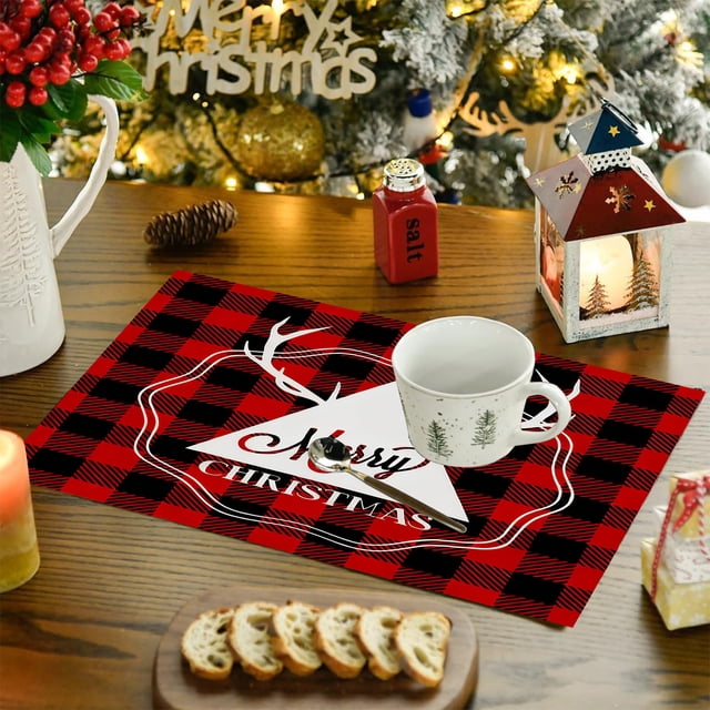 Nsxcdh Napperons de Noël en Lin Isolés Thermiquement 17.72x12.99 Po Antidérapants Imperméables Lavables Rouges pour Décoration de Table de Fête Cuisine Maison Cadeaux de Noël pour Petits Enfants