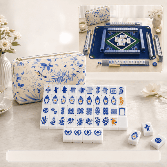 American Mahjong Set 160 Tiles Blue and White Porcelain Style with Mahjong Mat and Portable Bag and Dice