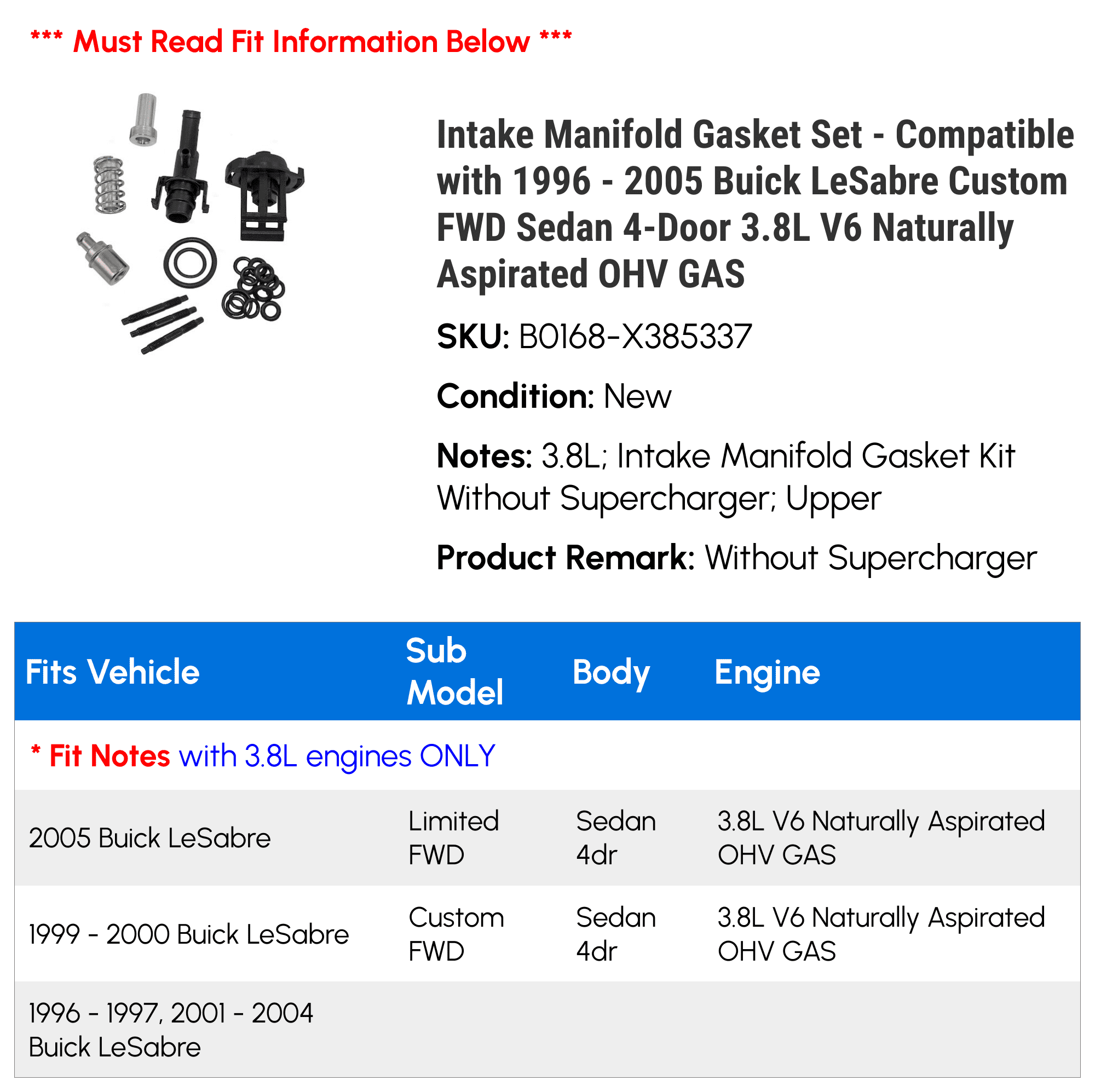 Intake Manifold Gasket Set - Compatible with 1996 - 2005 Buick LeSabre Custom FWD Sedan 4-Door 3.8L V6 Naturally Aspirated OHV GAS 1997 1998 1999 2000 2001 2002 2003 2004