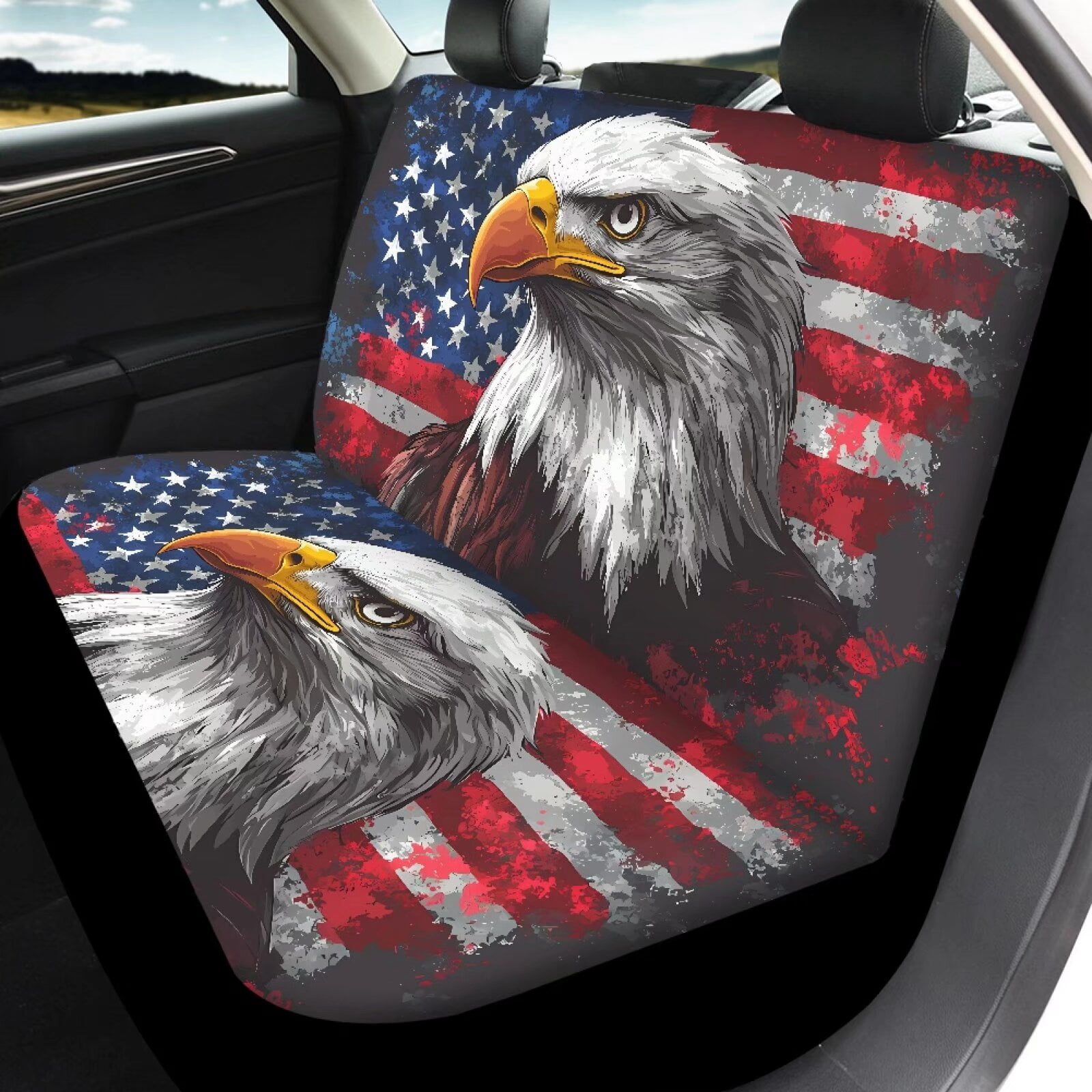Pzuqiu American Flag Eagle Car Seat Covers Breathable Set Seat Cover Sets Full Front and Rear Seat Cover Set Auto Decor 4 Pack Universal Seat Covers for Cars for Cars Truck Universal Fit Set