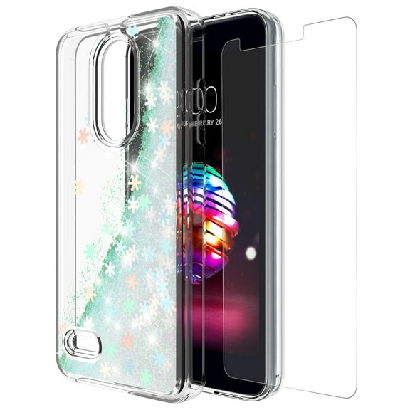 LG K30 Case, LG K10 2018 Case With Tempered Glass Screen Protector, KAESAR Slim Sleek Quicksand Glitter Sparkly Bling Cute Liquid Soft Bumper Protective Cover for LG K30 (Snow)