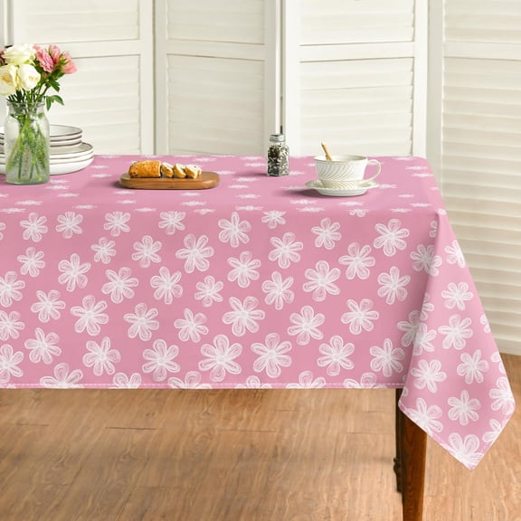 Spring Tablecloth 60×84 Inch Rectangular, Sketchy Style Flowers Pink Washable Seasonal Table Cover for Party Picnic Dinner Decor