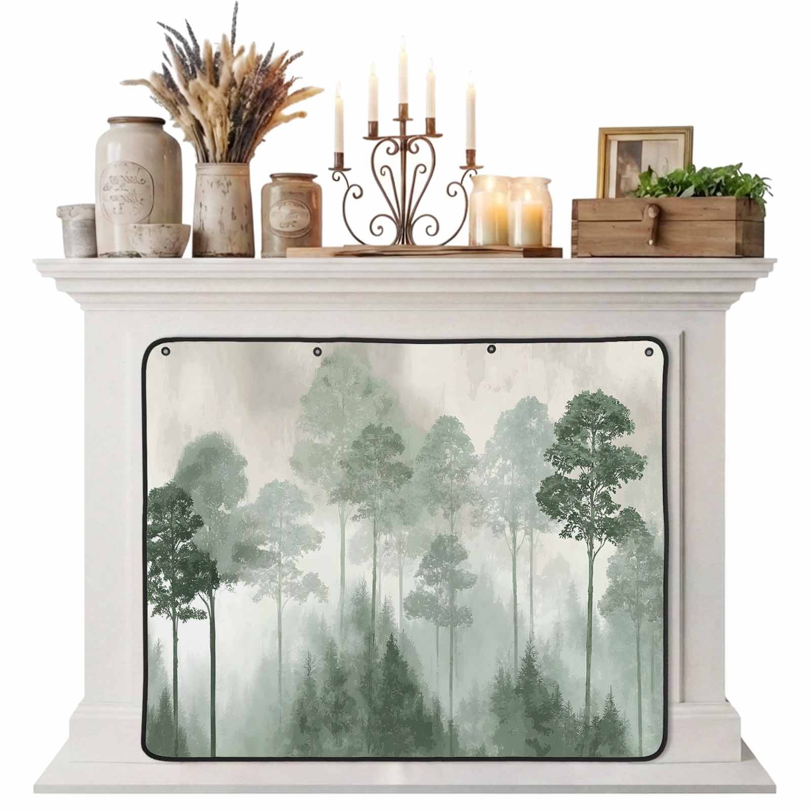 Magnetic Fireplace Cover Sage Green Pine Tree Fireplace Screen Misty Forest Nature Insulation Fireplace Blocker Blanket Save Energy Fireplace Draft Stopper Covers for Living Room 39x32