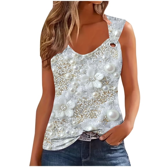 Czzoypi Women Casual Loose Tank Tops Sequins Round Neck Sleeveless Floral Elegant Party Slim Fashion T-Shirt, White XL