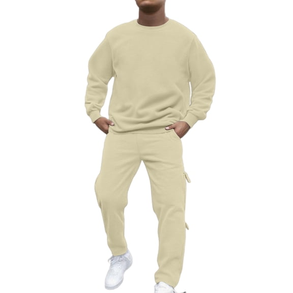 JHHLSF Men's Tracksuit 2 Piece Hoodless Sweatpants Crewneck Solid Color Relaxed Fit Pullover Joggers Sport Pant Set Sweat Winter Suit Khaki-a,3XL