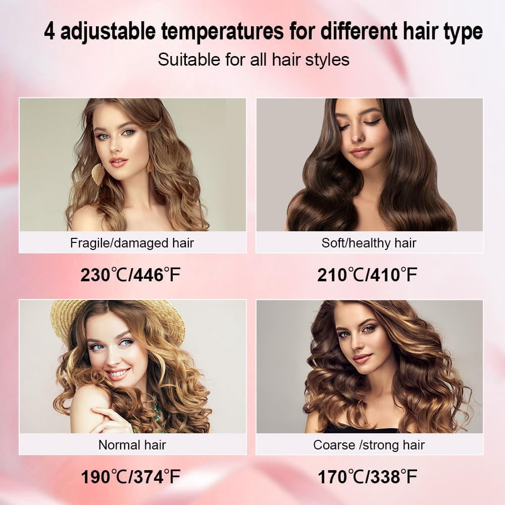 Inch Automatic Rotating Curling Iron with 4 Temperature Settings, Dual Voltage & Fast Heating, Perfect Hair Curler Wand for Women with Long, Medium or Short Hair (Pink)