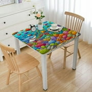 COMIO with Elastic Edge Square Tablecloth Underwater World Cartoon Water Fish Game Landscape Sea Shark Aqua Scuba Life White