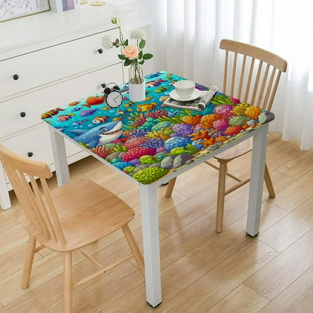 COMIO with Elastic Edge Square Tablecloth Underwater World Cartoon Water Fish Game Landscape Sea Shark Aqua Scuba Life White