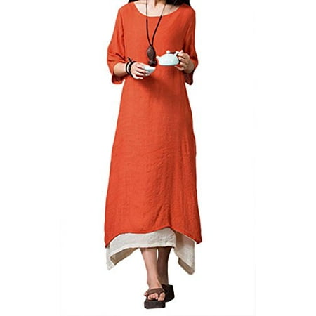 Olive Womens Dress - StylesILove Boho Linen-cotton Loose Long Maxi Womens Dress (S, Persimmon)