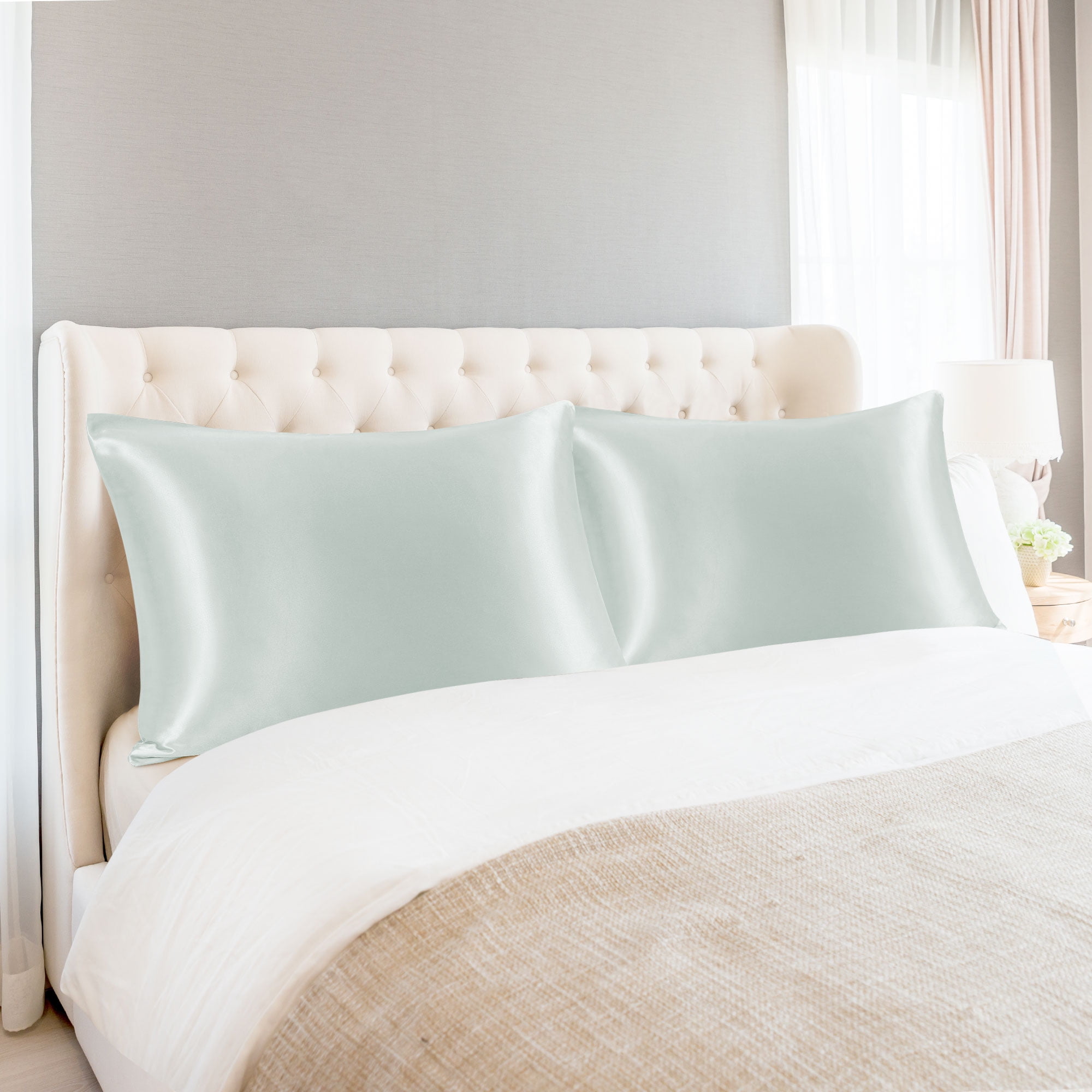 Unique Bargains Set of 2 Durable Soft Enveloped Closure Satin Pillowcase Gray King(20"x36"）
