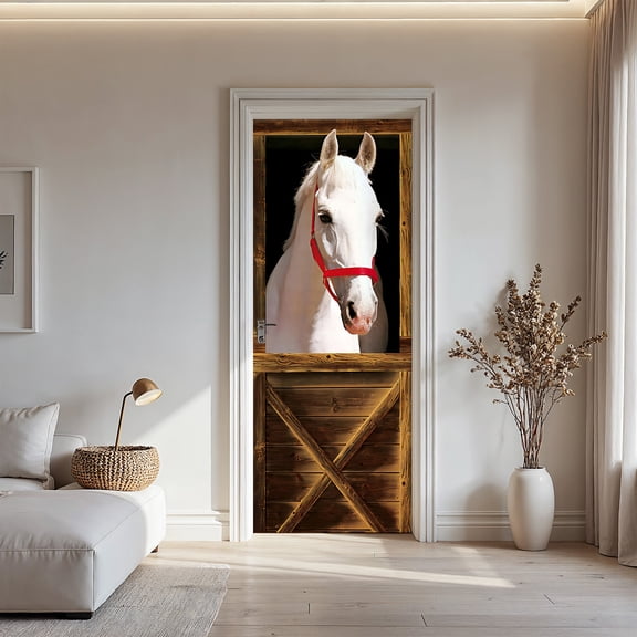 3D White Horse in Stable Door Sticker, Removable Farm Animal Door Mural Decal for Bedroom Living Room