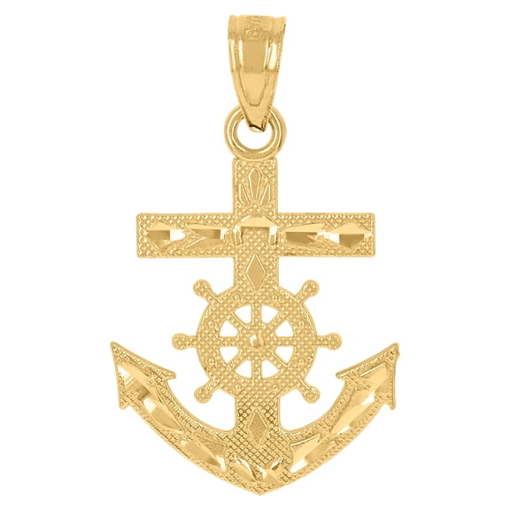 10K Yellow Gold Mens Textured Ship Anchor Charm Pendant