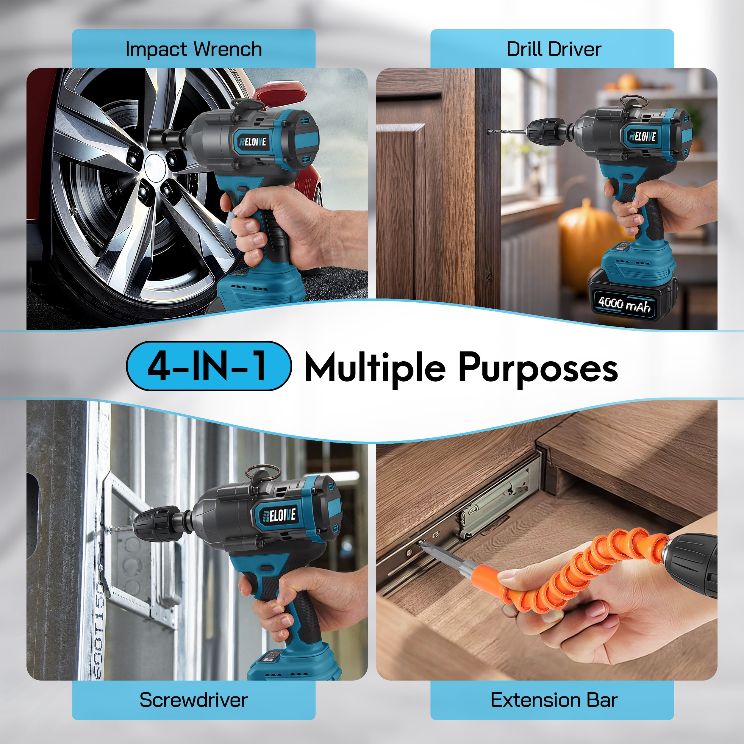 RELOIVE Cordless Impact Wrench Kit,885 FT-lbs(1200N.m) Max Torque,1/2" Heavy-Duty Brushless Motor,4-IN-1 Electric Impact Driver,2 x 4.0Ah Batteries for Car Home Repair