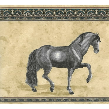 Dundee Deco Prepasted Wallpaper Border - Animal Beige, Black Horses, 15 ft x 10.24 in