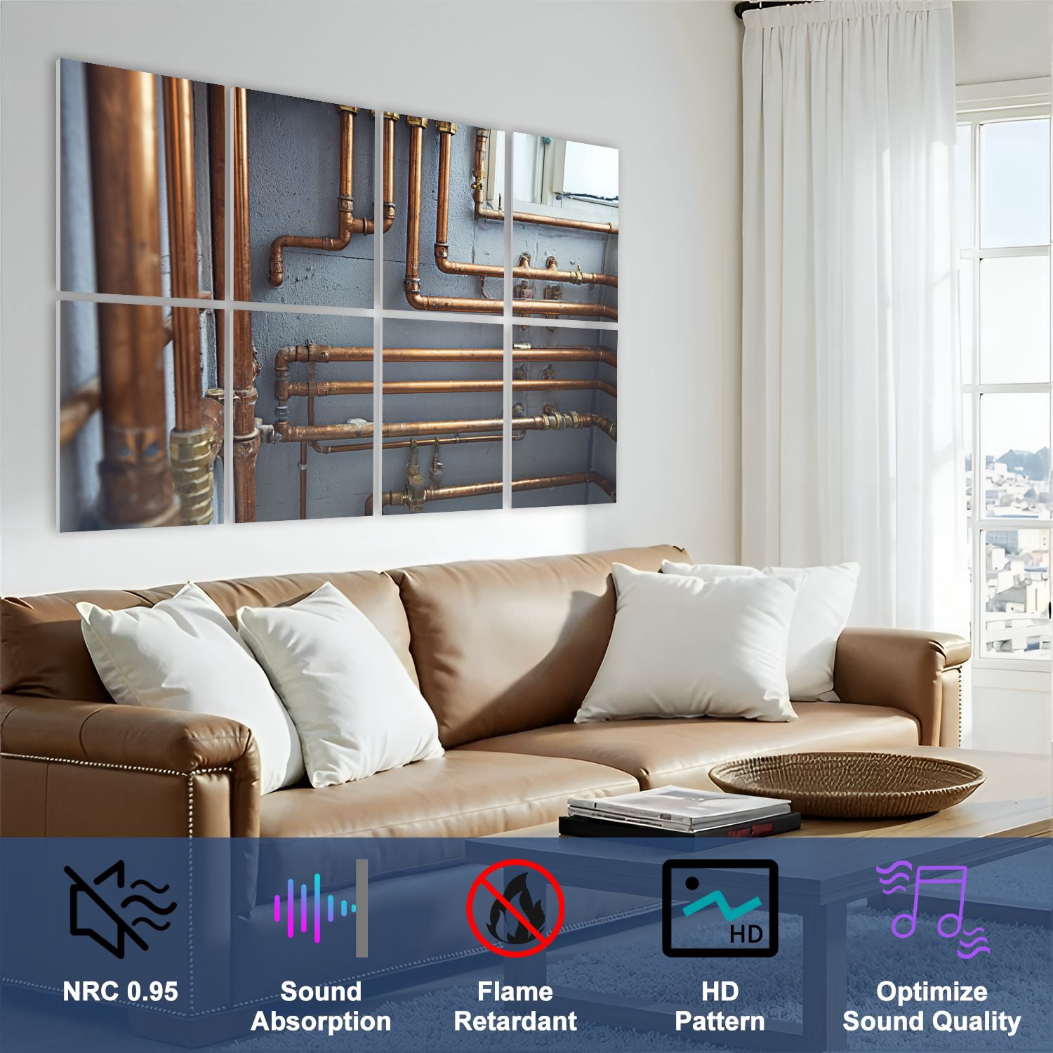 8 Pack Art Acoustic Panels Sound Absorbing Plumbing service copper pipeline heating boiler room Decorative Soundproof Wall Panels Self Adhesive for Nursery Game Room Bedroom 48"x32"