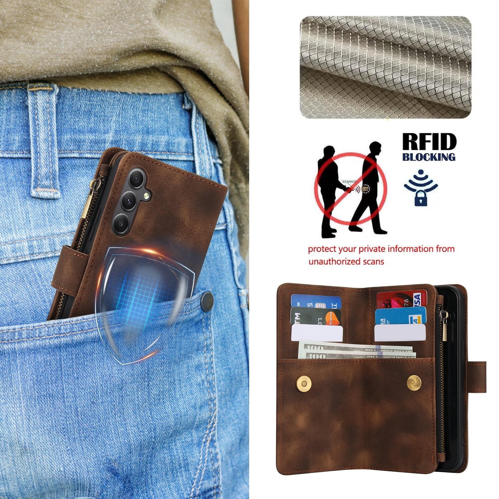 for Samsung Galaxy S24 FE Wallet Case with Card Holder for Women Men, Phone Case RFID Blocking PU Leather Flip Shockproof Cover with Shoulder + Wrist Strap Zipper Credit Card Slots Stand, Brown