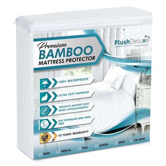 PlushDeluxe Premium Bamboo Mattress Protector â?? Queen Size, Waterproof, & Ultra Soft Breathable Noiseless Washable Bed Mattress Cover for Comfort