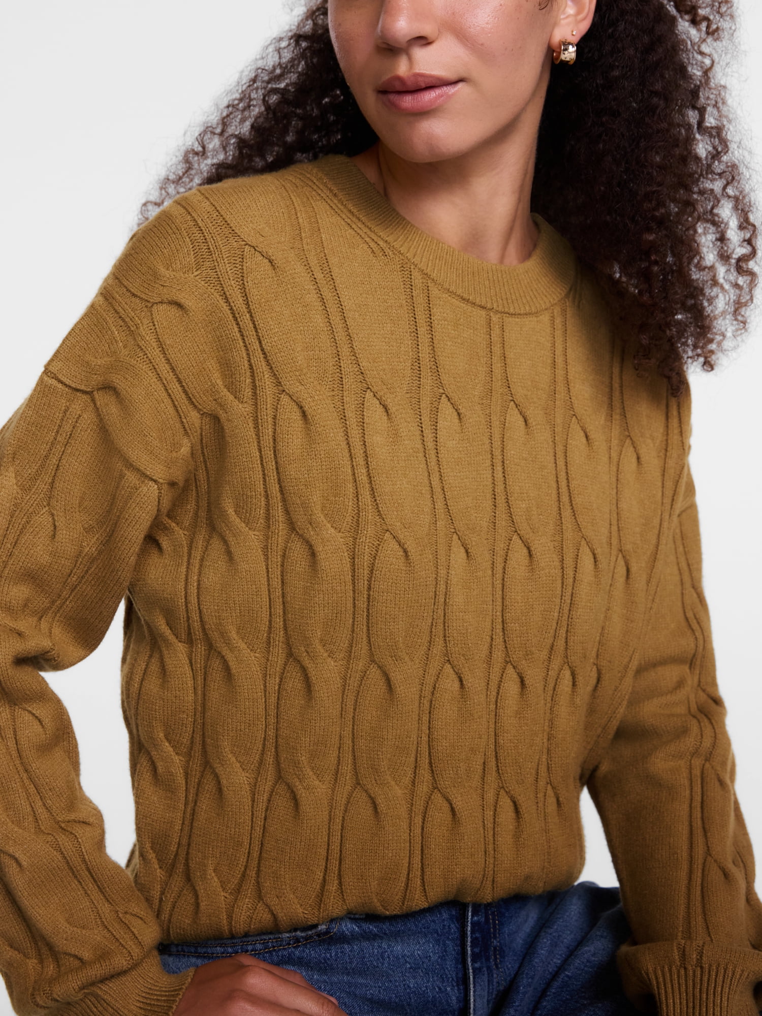 Scenario Women's Crewneck Cable Knit Mid-weight Sweater, Sizes XS-XXXL