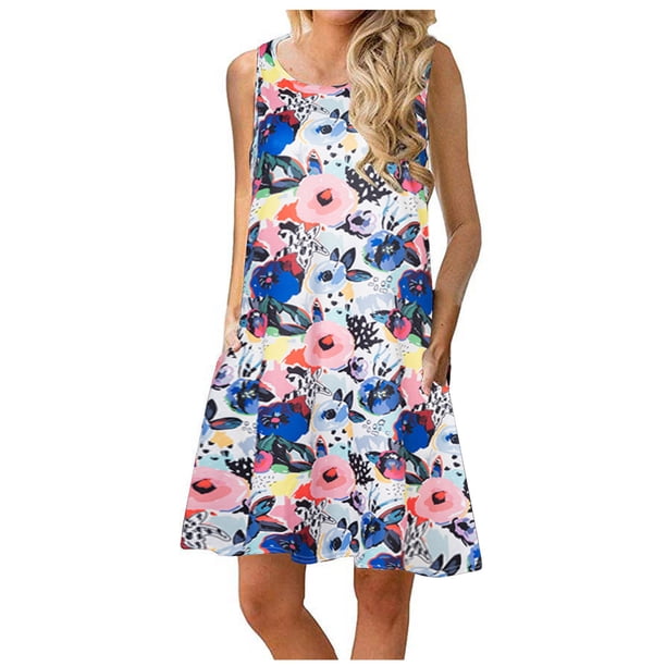 Elegante mujer sin mangas Rounk cuello verano cómodo bolsillos de impresión Casual vestido de tanque suelto OAVQHLG3B Store lin121212