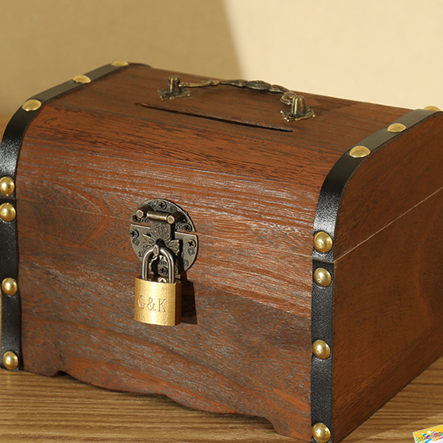 Caja de tesoro auspiciosa, caja de almacenamiento de madera decorativa, hucha, baúl del tesoro de madera con cerradura para niños LingWen 9024715475046
