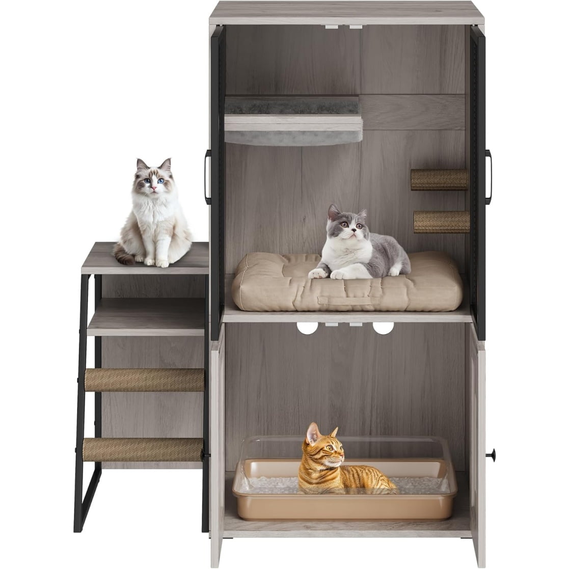 2-Tier Cat Litter Box Furniture - Enclosed Hidden Litter Box Cabinet with Doors, Storage Shelf & Step Ladder - Discrepet Cat Toilet Furniture for Home Decor, Large Size for Multiple Cats
