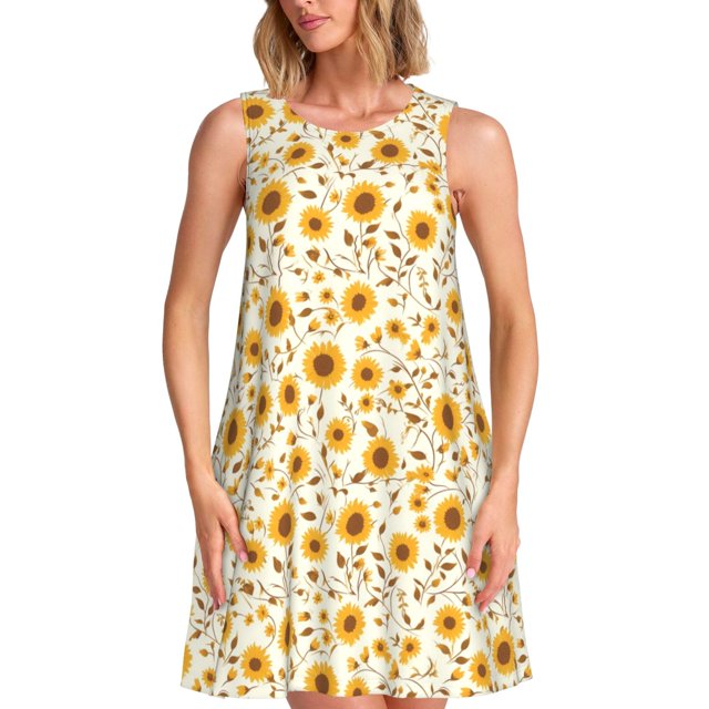 Balery Brown Leaf Sunflower Vestidos de verano para mujer con estampado: vestido holgado sin mangas, vestido playero informal y cómodo para días calurosos.