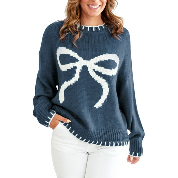 Women Bow Knitted Sweater Round Neck Long Sleeve Pullover Oversized Contrast Trim Knitted Clothing Bow Detailing Comfortable for Daily