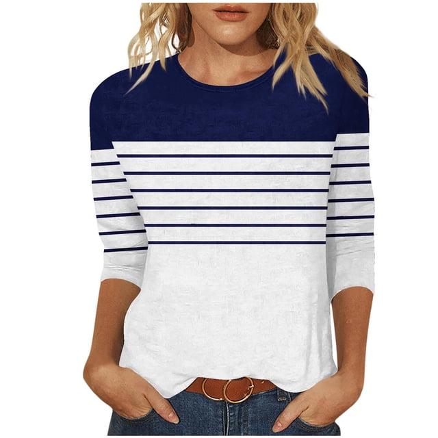 aidice T-Shirts pour Femmes Grande Taille Col Rond Manches 3/4 Coupe Confortable T-Shirts à Rayures à Blocs de Couleur