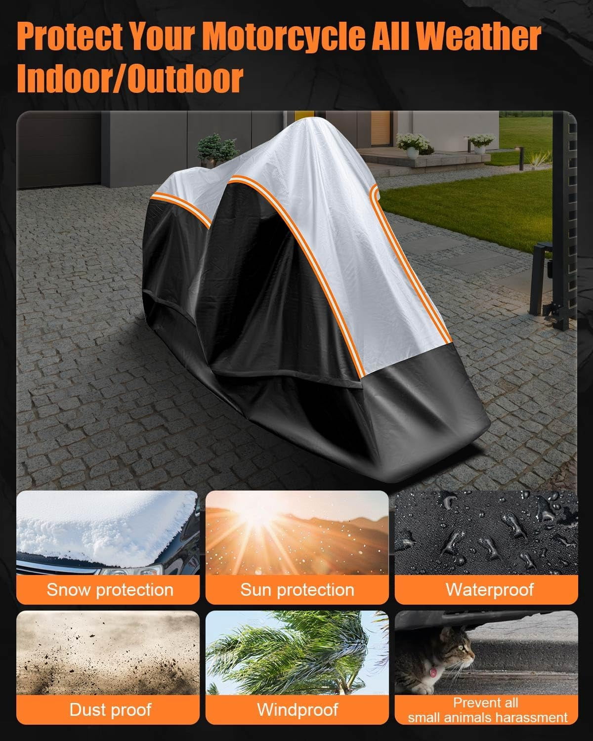 Full Enclosed Motorcycle Cover Waterproof Outdoor/Indoor Storage Waterproof Motorcycle Cover Heavy Duty with Reflective Strips Fits Scooter/Touring Motorcycles Length up to 108"（Black+Sliver）