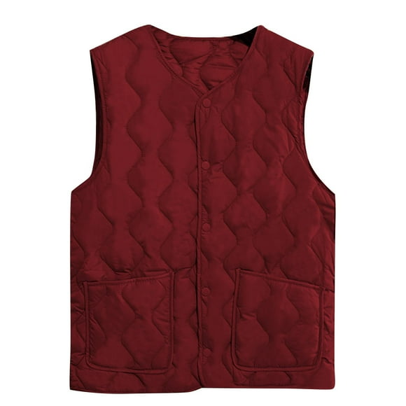 Dagegui Quilted Vest for Women Plain Snap Button Sleeveless Jackets Winter Lightweight Body Warmer Gilet with Pocket Wine XXXL