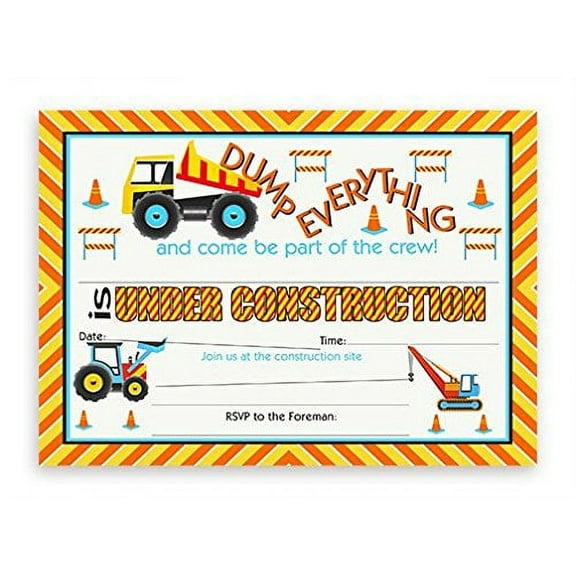 Construction Party LARGE Invitations - 10 Invitations 10 Envelopes