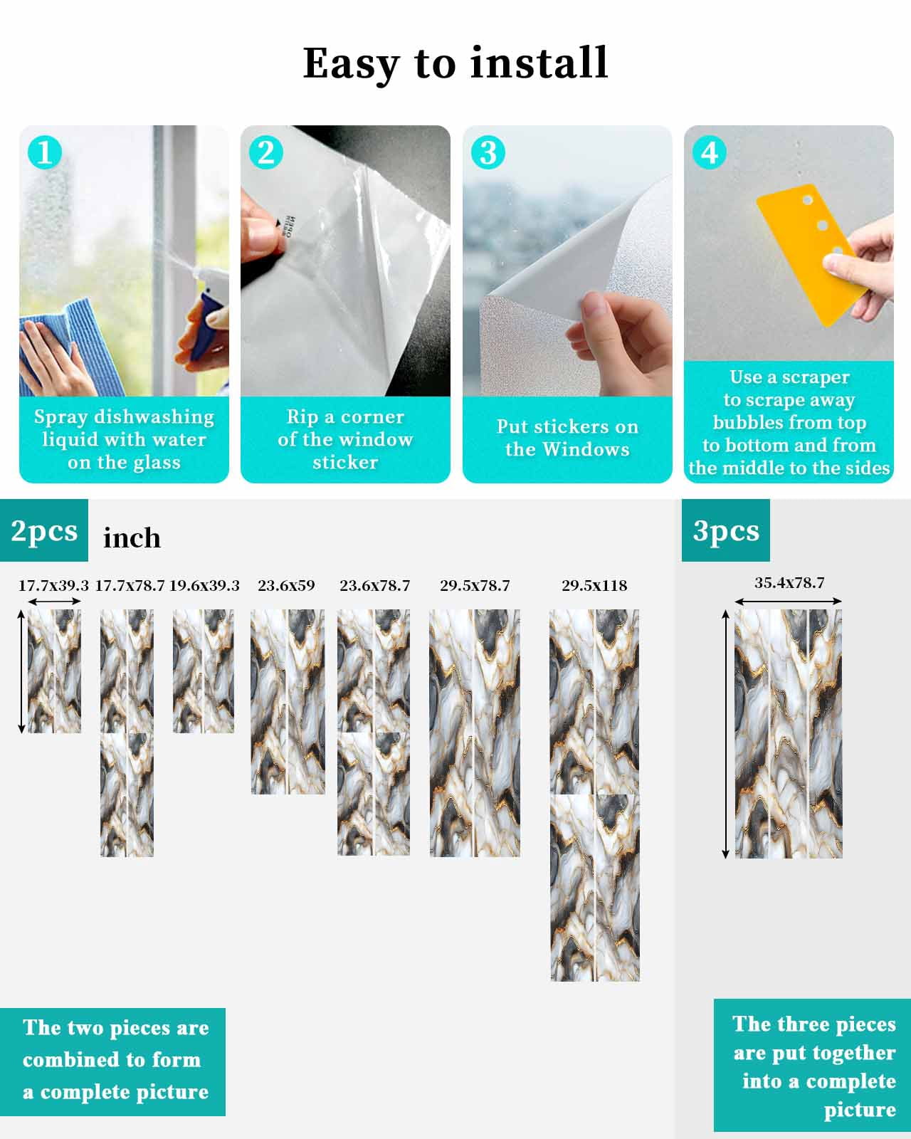 Window Privacy Film Black Golden Marble Stained Glass Window Film Decorative Sun Block Window Cover Modern Minimalism Abstract Window Clings Static Adhesive Sticker for Bathroom 29.5"x78.7"