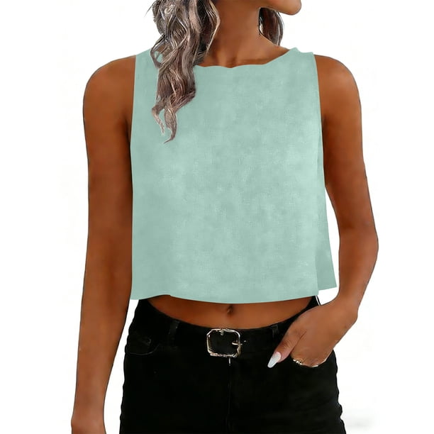 Camisetas de Verano de Mujer Casual Linen sin Mangas de Cuello Redondo Botón para las Mujeres