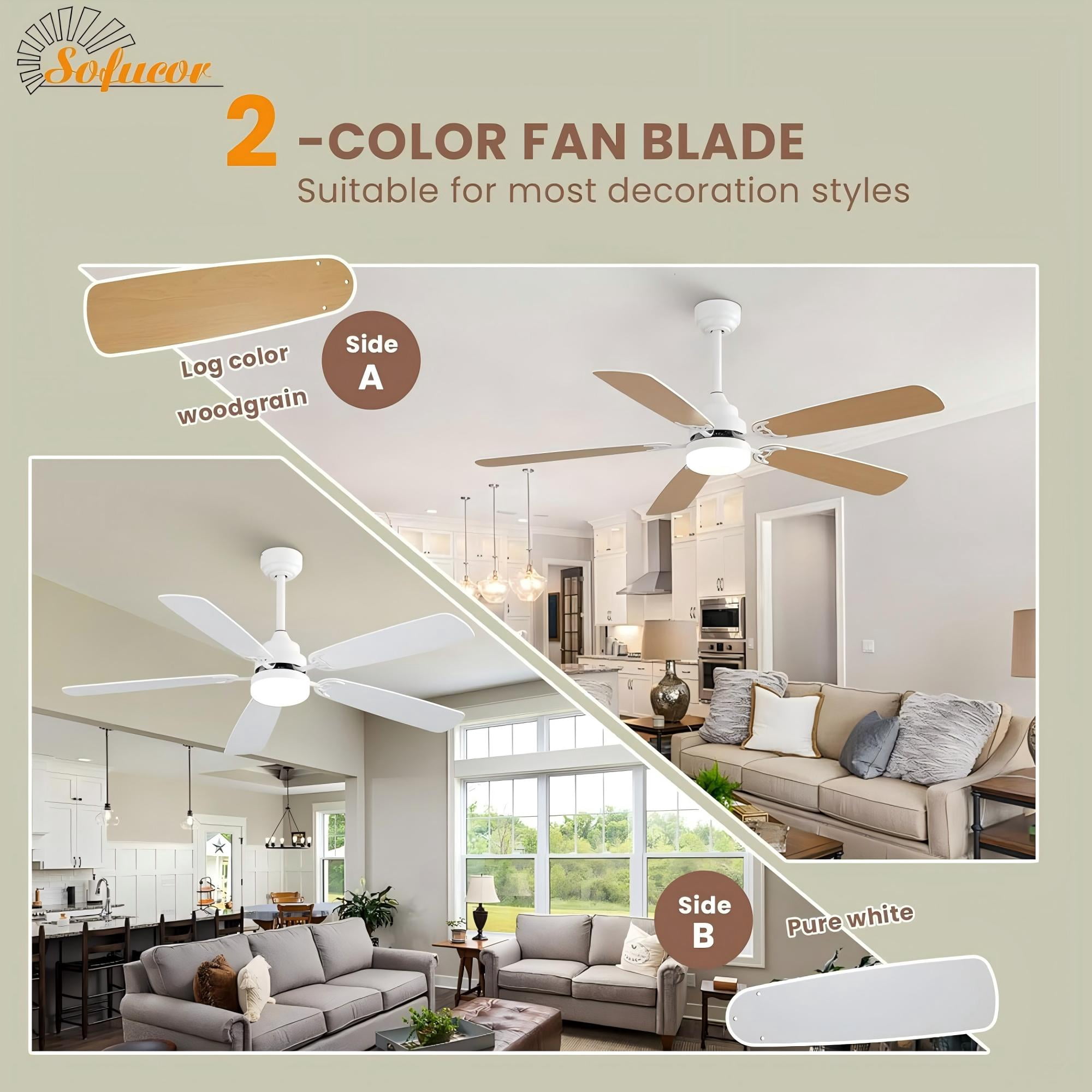 Sofucor 52-Inch Modern Ceiling Fan with LED Light and Remote