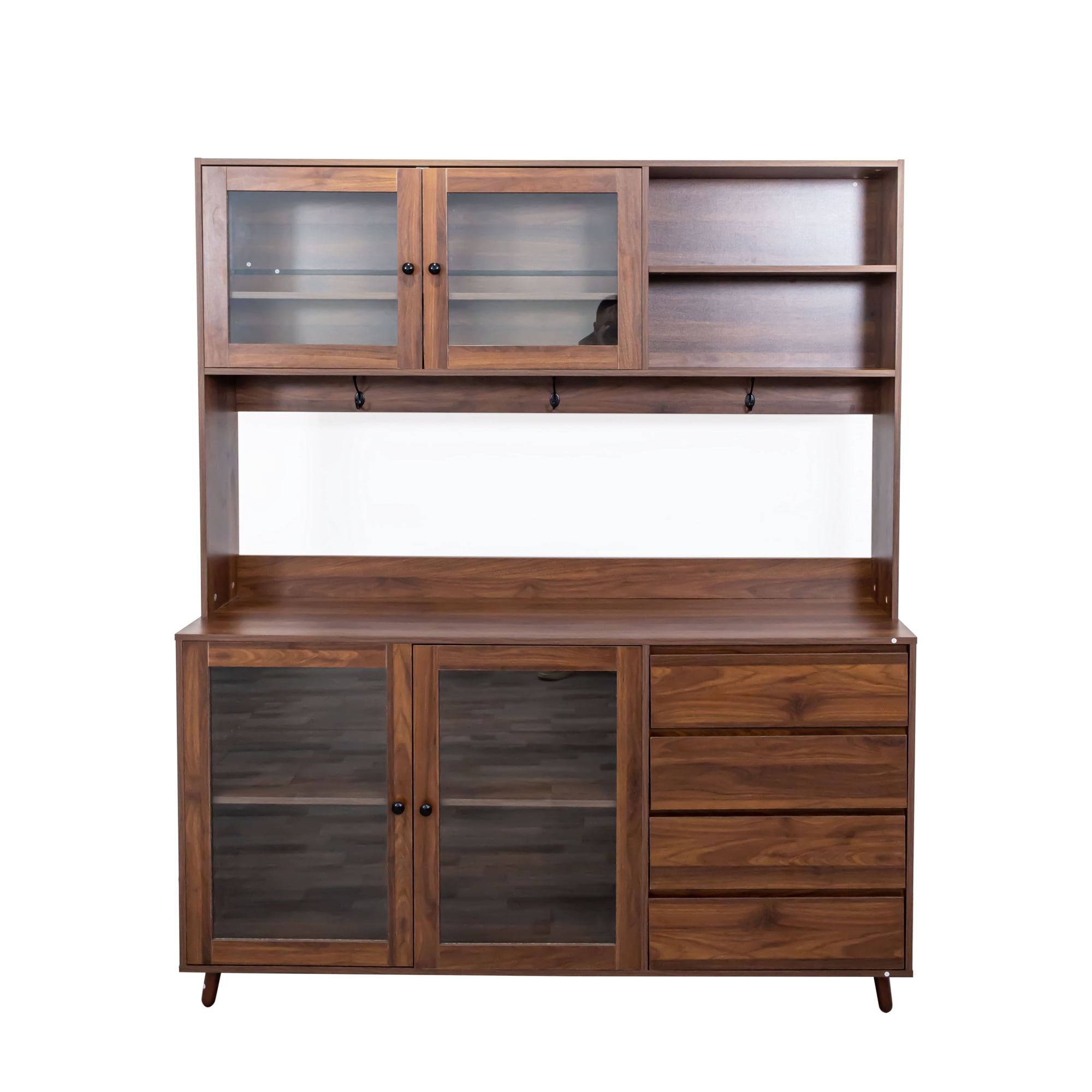 Large Kitchen Pantry Storage Cabinet w/4 Glass Doors & 4 Drawers, Food Hutch w/Microwave Stand & Hooks