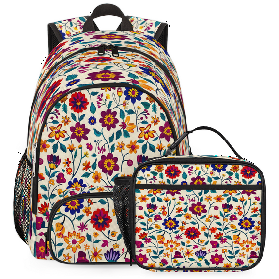 Herdesigns Mexico Floral Colorful Ornate Ethnic Large Backpack Set with Lunch Box Lightweight Water Resistant Travel Laptop Backpacks Casual Daypacks for Women Men
