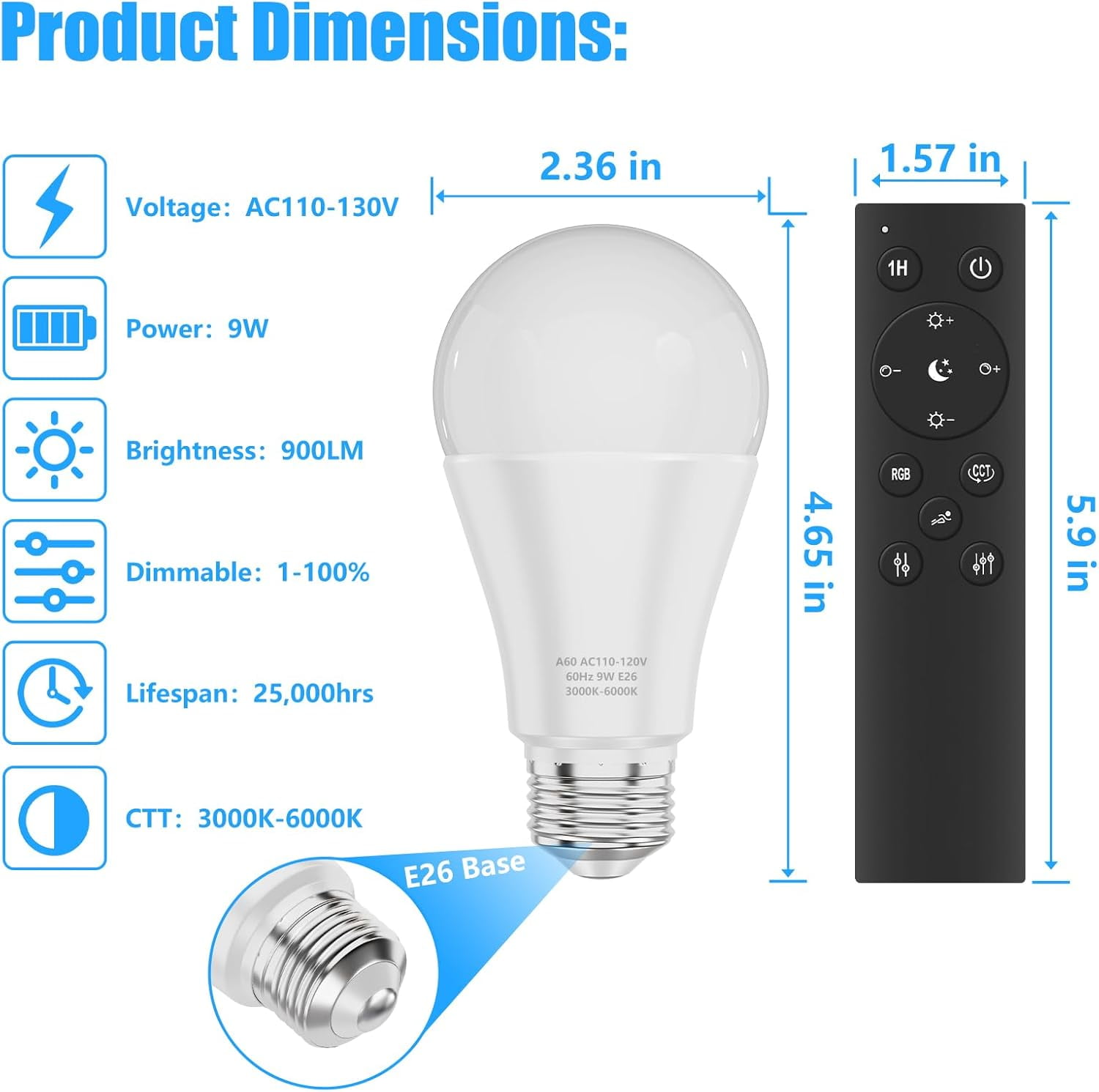 A19 LED Light Bulbs with Remote Control, 800LM 9W, 60W Equivalent LED Bulbs,Stepless Dimmable 3000K-6000K,E26 Base,CRI 80+,2.4GHz,25000+ Hours Lifespan, Light Bulb for Home Decor,2 Bulbs & 2 Remotes